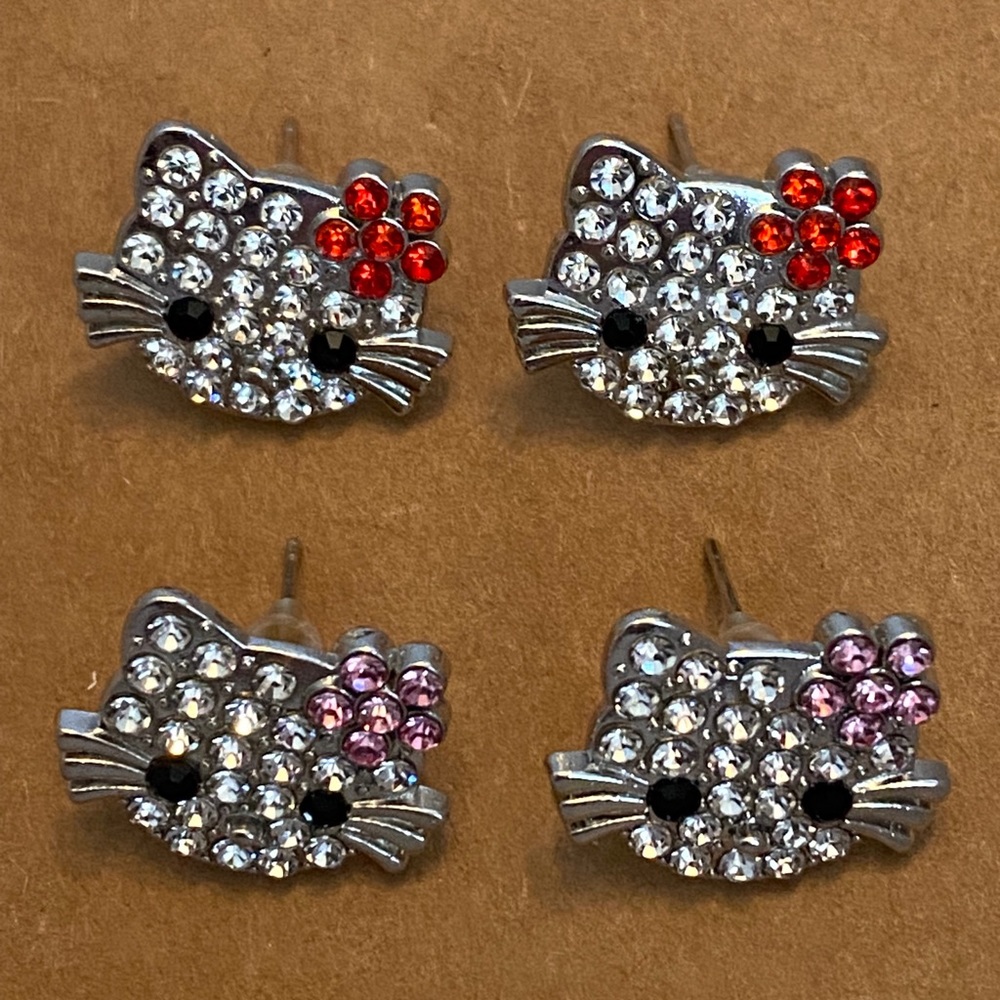 ⭐ 3/$15 ⭐ HELLO KITTY Rhinestone Silver Stud Earrings *2 Pairs* ~ NEW